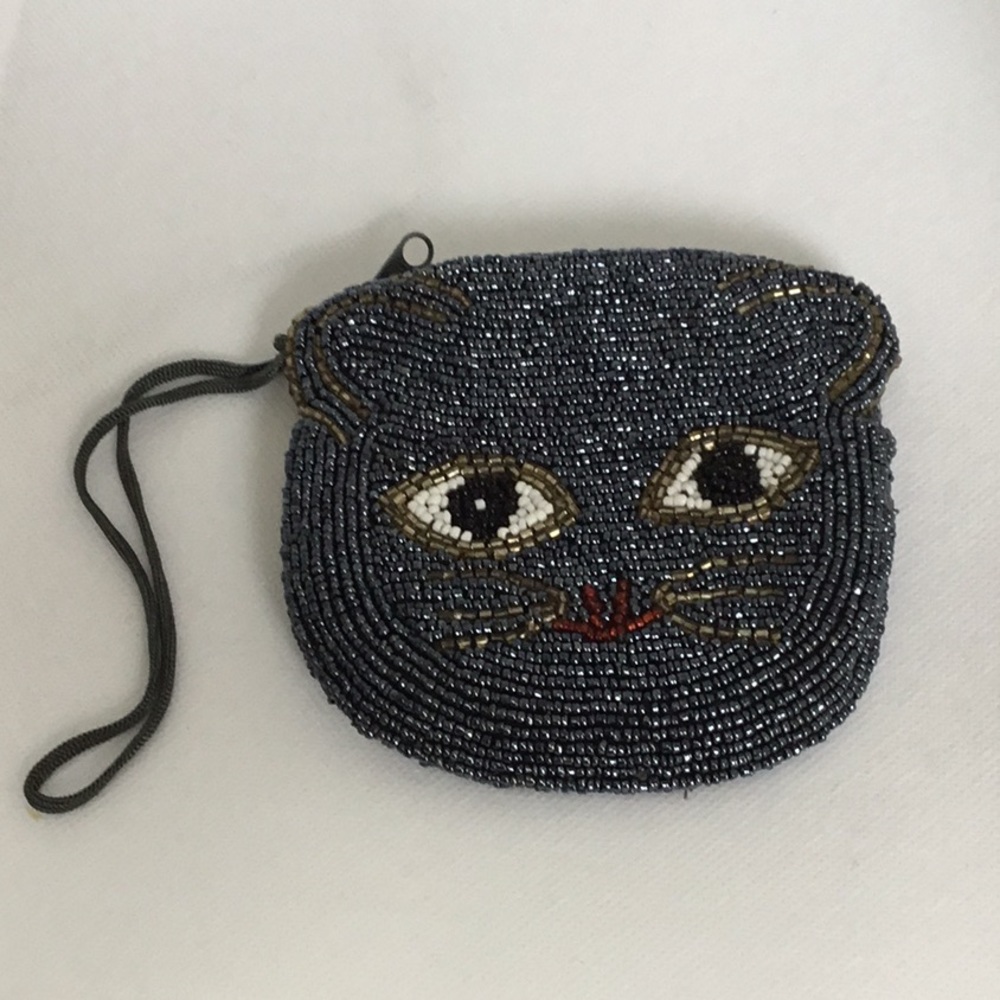 Black Cat Face glass beaded coin change purse zippered top